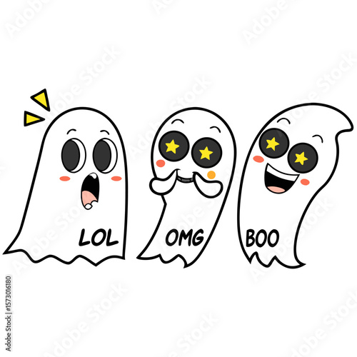 Three cartoon ghosts expressing different emotions with text labels lol omg and boo on a white background