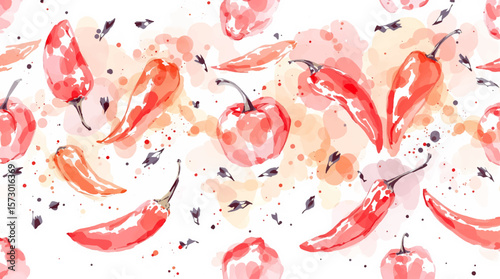 Watercolor seamless bright vegetable pattern, red bell pepper,