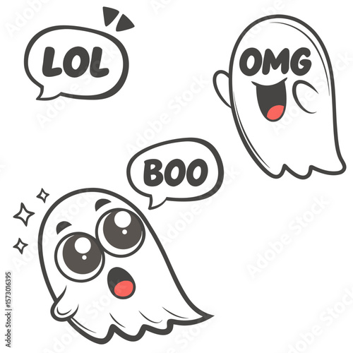 Three cartoon ghosts expressing emotions with speech bubbles on a white isolated background design vector