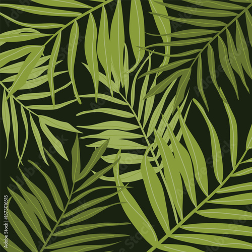 Vector botanical background with tropical leaves of different shades of green on a dark background. Palm leaves, tropical plants.