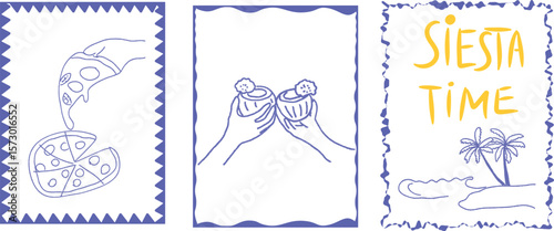 Graphic design with three illustrations: a pizza slice being pulled, two hands holding drinks with a lighthearted 