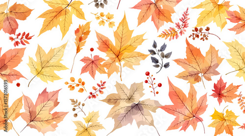 Watercolor autumn leaves seamless pattern. Orange, beige, brown maple, oak leaves, flowers, dry fall twigs, branches.