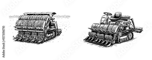 Rice Transplanter Machine - Modern Agriculture Equipment Sketch Set