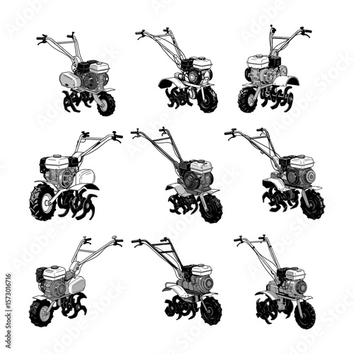 Power Tiller (Two-Wheel Tractor) - Agricultural Machinery Illustration Set