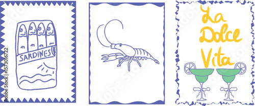 Graphic design featuring three elements: a can of sardines, a lobster illustration, and the phrase 