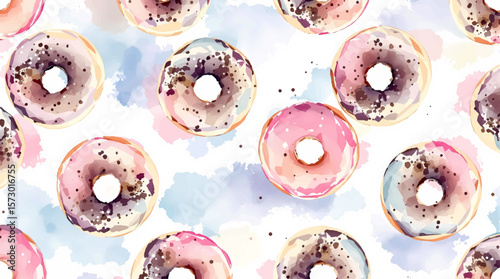 Donuts seamless pattern. Watercolor doughnuts. Chocolate, pink, green, white       donuts. Pattern for a kitchen, textile.