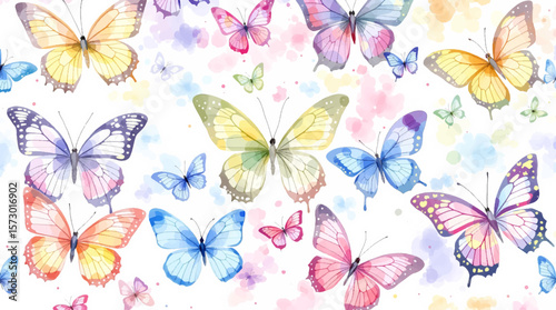 Seamless pattern with abstract watercolor butterflies and wildflowers, hand drawn illustration of delicate design elements on ivory background for textile, wallpapers or garden background.