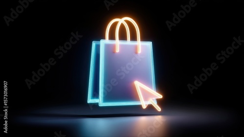 Neon Shopping Bag with Computer Cursor on Dark Background