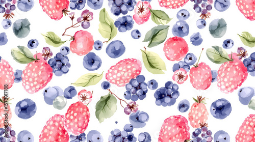 Seamless pattern of red, blue and purple berries on white background