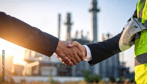 Two men in suits handshake in front of a power plant one wears a safety vest and holds a hard hat