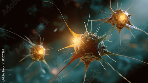 Surreal and hopeful medical concept art depicting microscopic cells with glowing elements, showcasing intricate details and vibrant colors in dark background