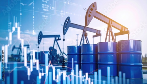 Blue oil drums stand before pumpjacks with overlaid financial stock market chart displaying candlestick patterns
