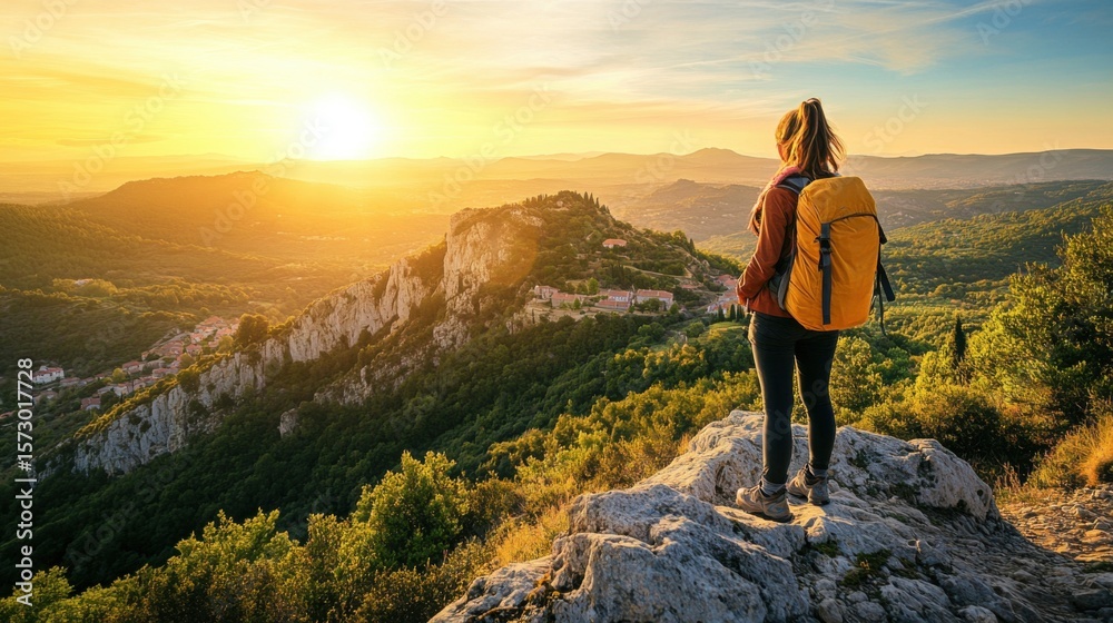 Obraz premium Golden Hour Hike Mountaintop Sunset View.