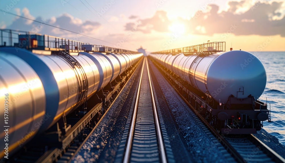 Naklejka premium Two parallel trains composed of silver tank cars sit on adjacent tracks leading towards the sunset over the ocean water
