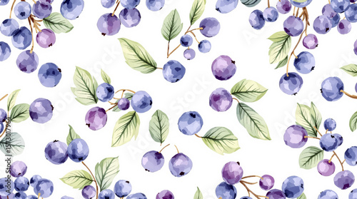 Seamless patterns with blueberries and bilberries in watercolor style on a white background	