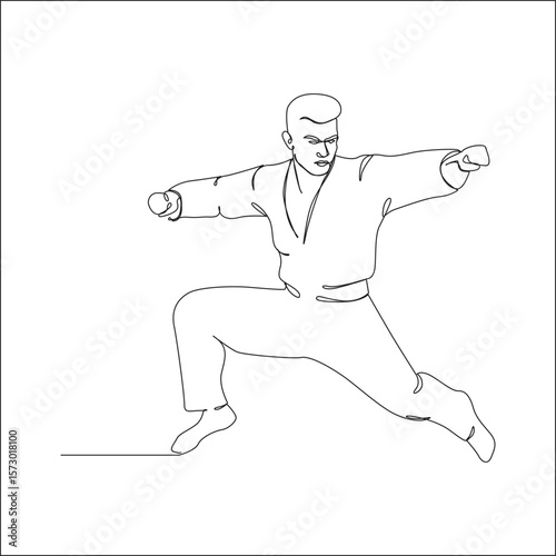 A dynamic line art illustration of a martial artist in mid-action, performing a forward punch and stance, symbolizing strength, discipline, and agility in martial arts practice.