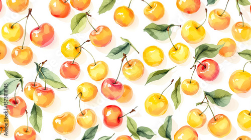 Watercolor yellow cherries on white background seamless vector pattern	