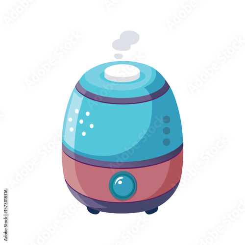 Modern blue and pink humidifier emitting a stream of steam for healthy air