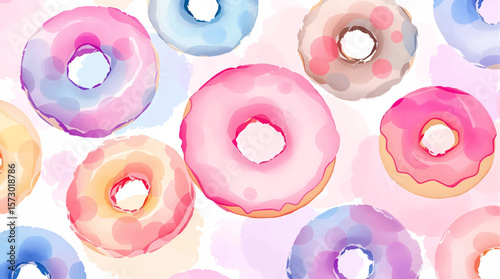 Watercolor background pattern donuts on white background	
