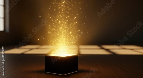 A mysterious black box glows with golden light and magical particles erupt upwards in a beam of illumination.