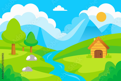 Vector illustration of a summer rural landscape with a house, trees, and sky