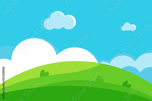 Green landscape with a vibrant blue sky, summer clouds, and a distant mountain view