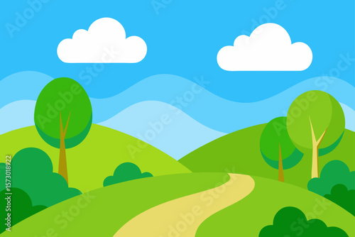 Green summer landscape with trees, blue sky, and a bright sun over a rolling meadow