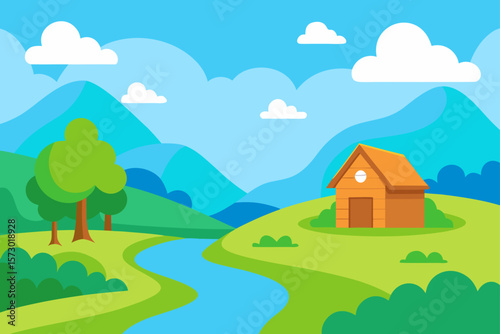 A vibrant vector illustration of a summer rural landscape with green mountains, blue sky, and a field of grass
