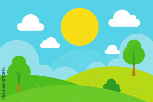 Rolling green hills with trees under a blue sky with clouds and distant mountains, a perfect summer landscape illustration