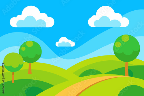 A vibrant summer landscape with green trees, a clear sky, and fluffy clouds over rolling hills and a sunny meadow