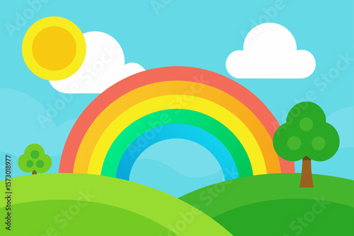 A vibrant landscape with a rainbow stretching across the sky, a perfect illustration of nature's summer beauty over green grass and a sunny field