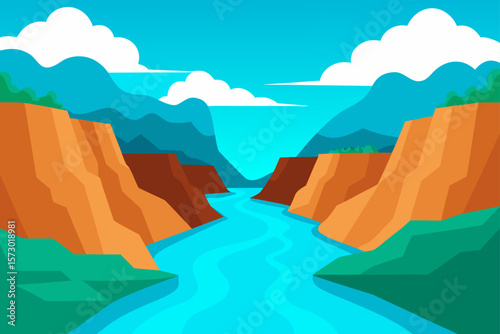 A breathtaking mountain landscape features a serene river under a vast blue sky, inviting travel and highlighting nature's beauty