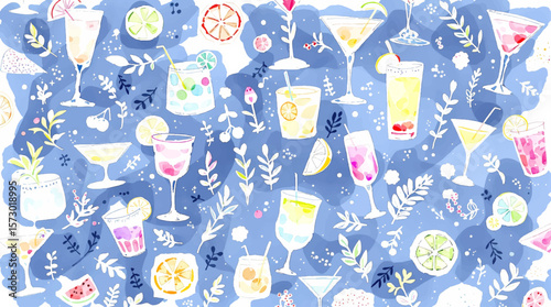 Watercolor Cocktails Pattern, Summer hand drawn Party Drinks
