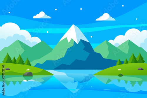 Mountain landscape with a serene blue sky and snow-capped peaks