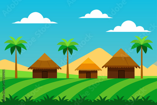 A vibrant cartoon summer landscape with a quaint village house on a grassy hill under a bright sky with fluffy clouds