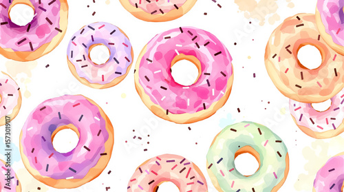 Watercolor background pattern donuts on white background	