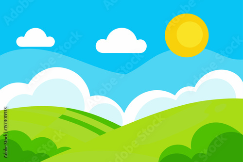 Lush green summer landscape with rolling hills under a vibrant blue sky, adorned with white clouds, a bright sun, and a colorful rainbow