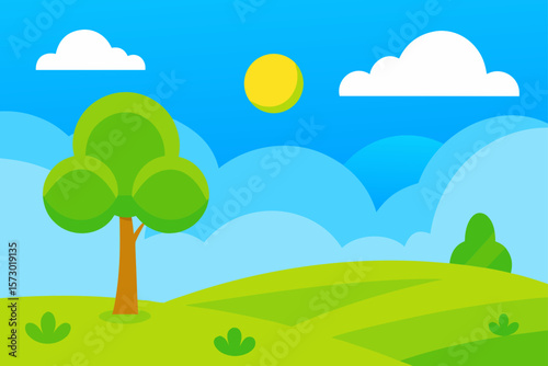 Lush summer landscape with trees under a blue sky and clouds, a vibrant nature scene on a sunny day