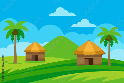 Serene Village Landscape Thatched Huts, Palm Trees, and Rolling Hills
