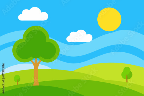 Sunny Day Landscape Rolling Hills, Lush Green Trees, and Blue Sky