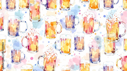 Seamless Oktoberfest pattern featuring frothy beer mugs, grilled sausages, pretzels and a traditional Bavarian hat. Watercolor style. For festive packaging, textile, menus, posters and invitations.