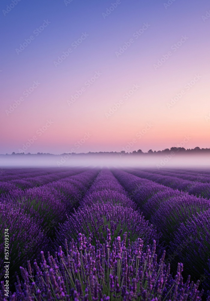 Fototapeta premium Lavender Field Under a Pastel Sky Serene Sunrise in Provence, France