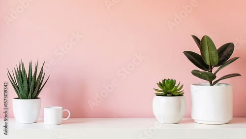 Minimal Pink Interior With Potted Succulents And White Ceramic Pots On Shelf
