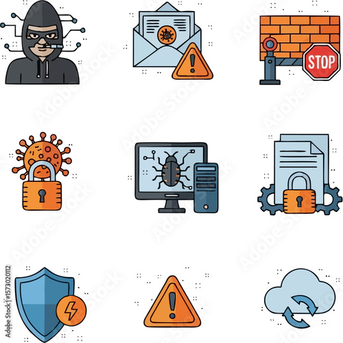 A collection of simple, outlined icons depicting cybersecurity threats and protective measures.