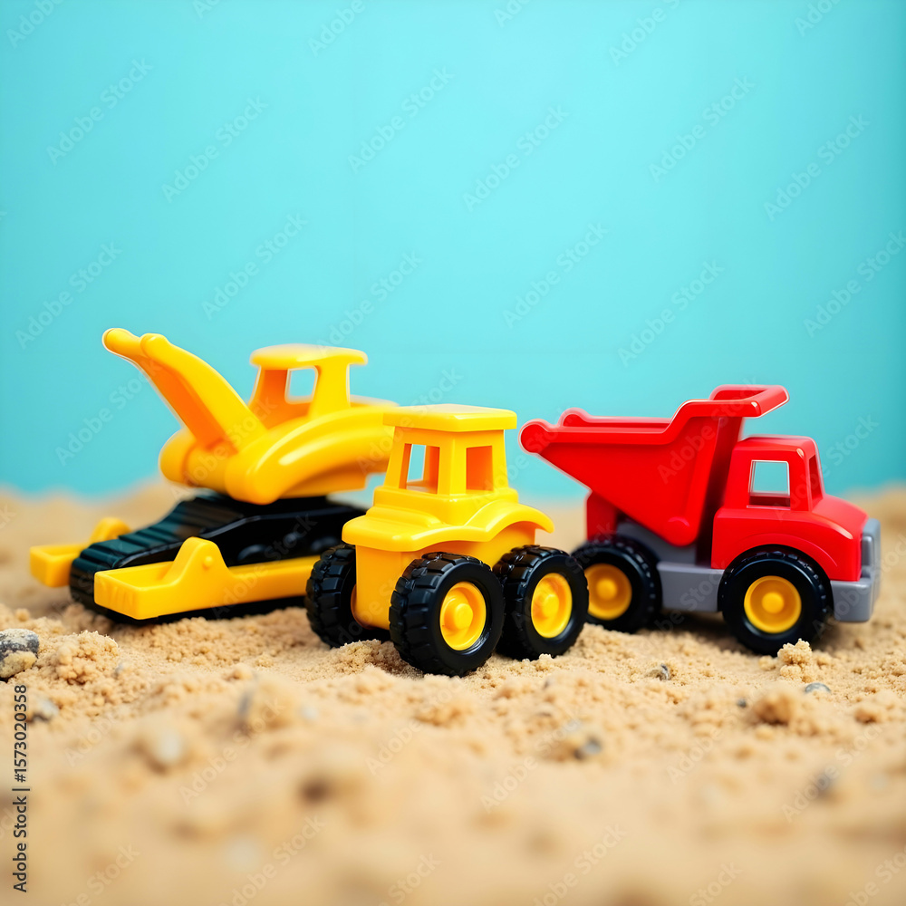 Fototapeta premium A brightly lit, detailed construction toy set consisting of miniature vehicles.