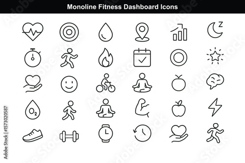 Monoline Fitness Dashboard Icons for Wearable and Mobile UI