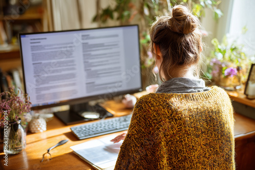 Over-the-shoulder view of a person updating their CV on a computer screen in a cozy home office, with natural lighting 