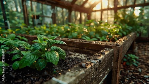 Fresh mint plants growing in moist soil inside a sunlit greenhouse, highlighting healthy organic farming