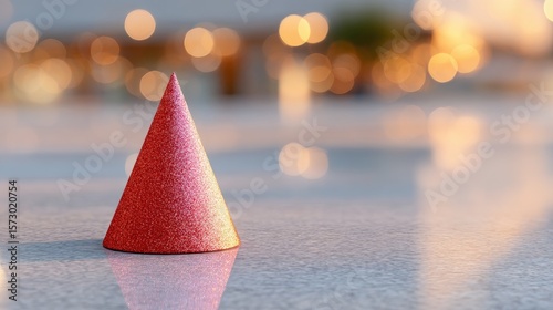 Shiny Red Party Hat on a Reflective Surface with Blurred Background