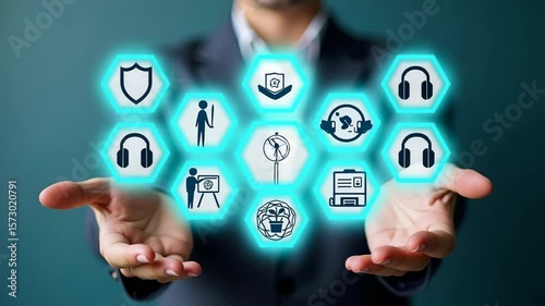 Wallpaper Mural Flat Person presents CSR icons on digital interface representing corporate social responsibility sustainability ethics community and environmental concerns in business. concept as Person presents CSR  Torontodigital.ca